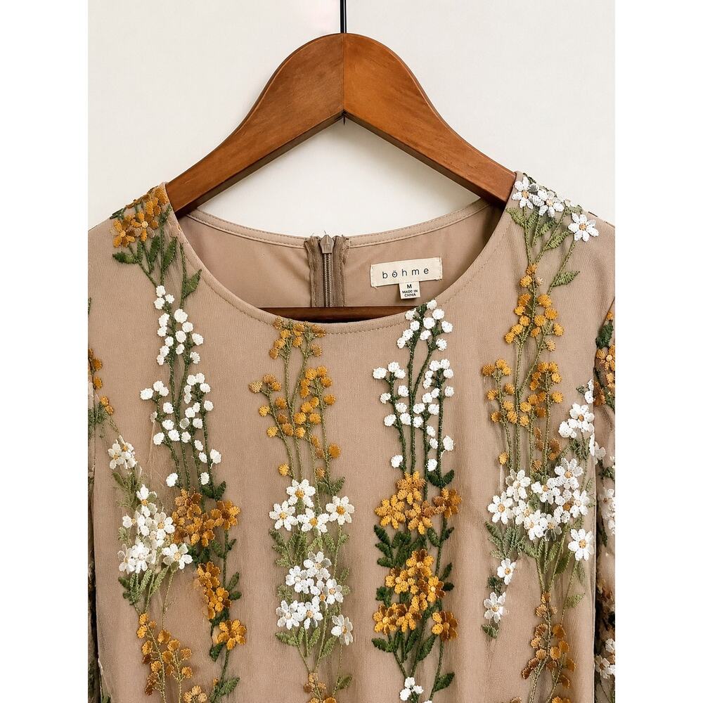 NWOT Bohme Floral Embroidered Mesh Midi Dress Bell Sleeve Boho Cottagecore Sz M - Picture 3 of 3